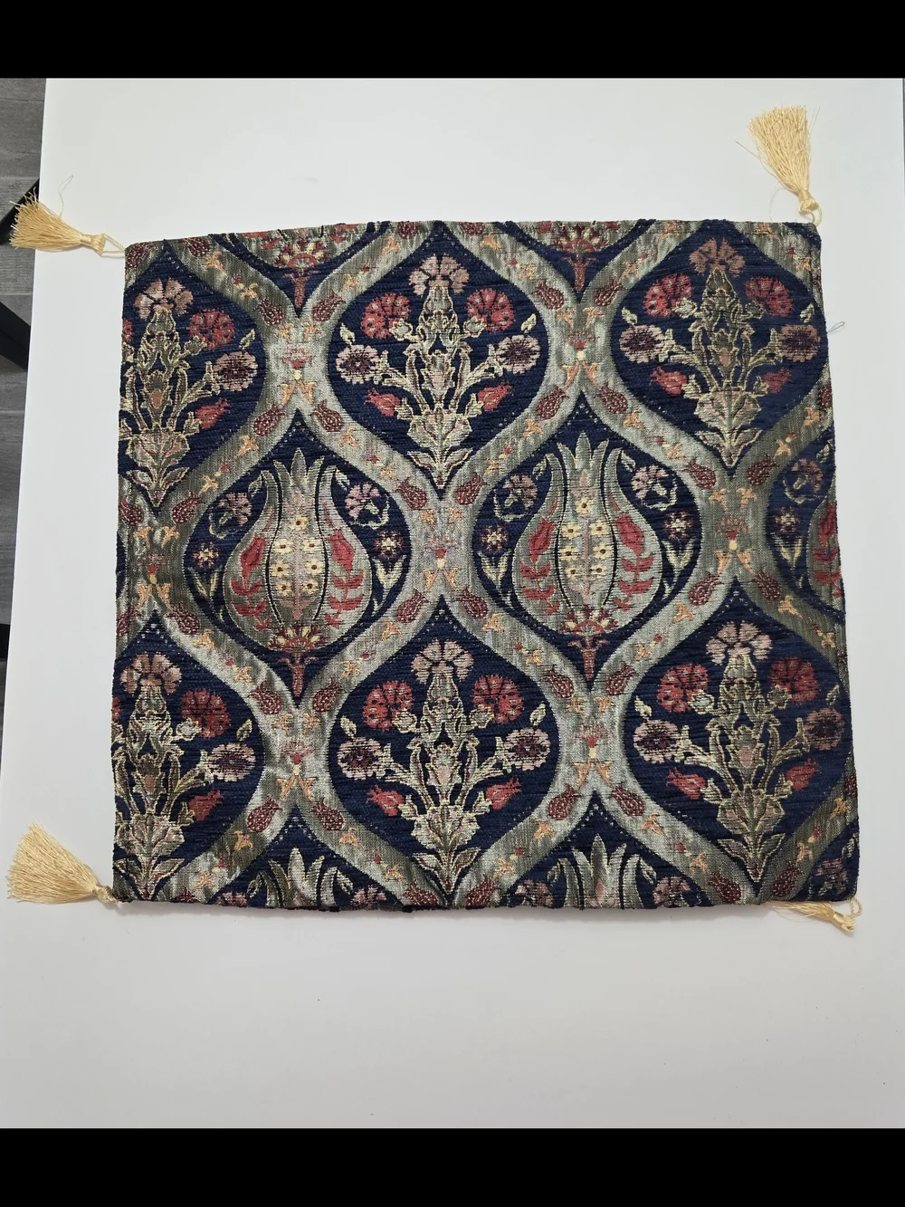 Ornate Tapestry Cushion Cover with Tassels - Navy, Red, Gold